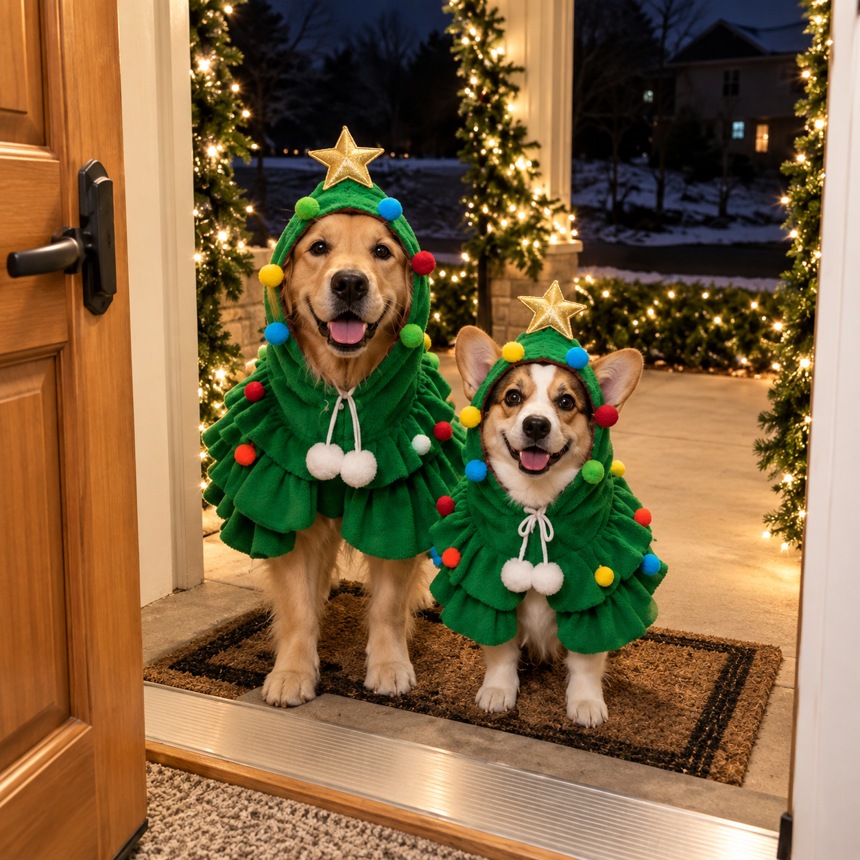 Dogs Wearing Christmas Tree Costumes