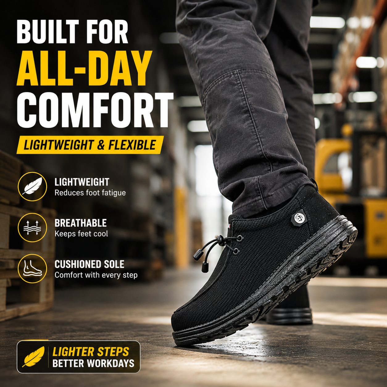 Model wearing safety loafers full outfit view on job site