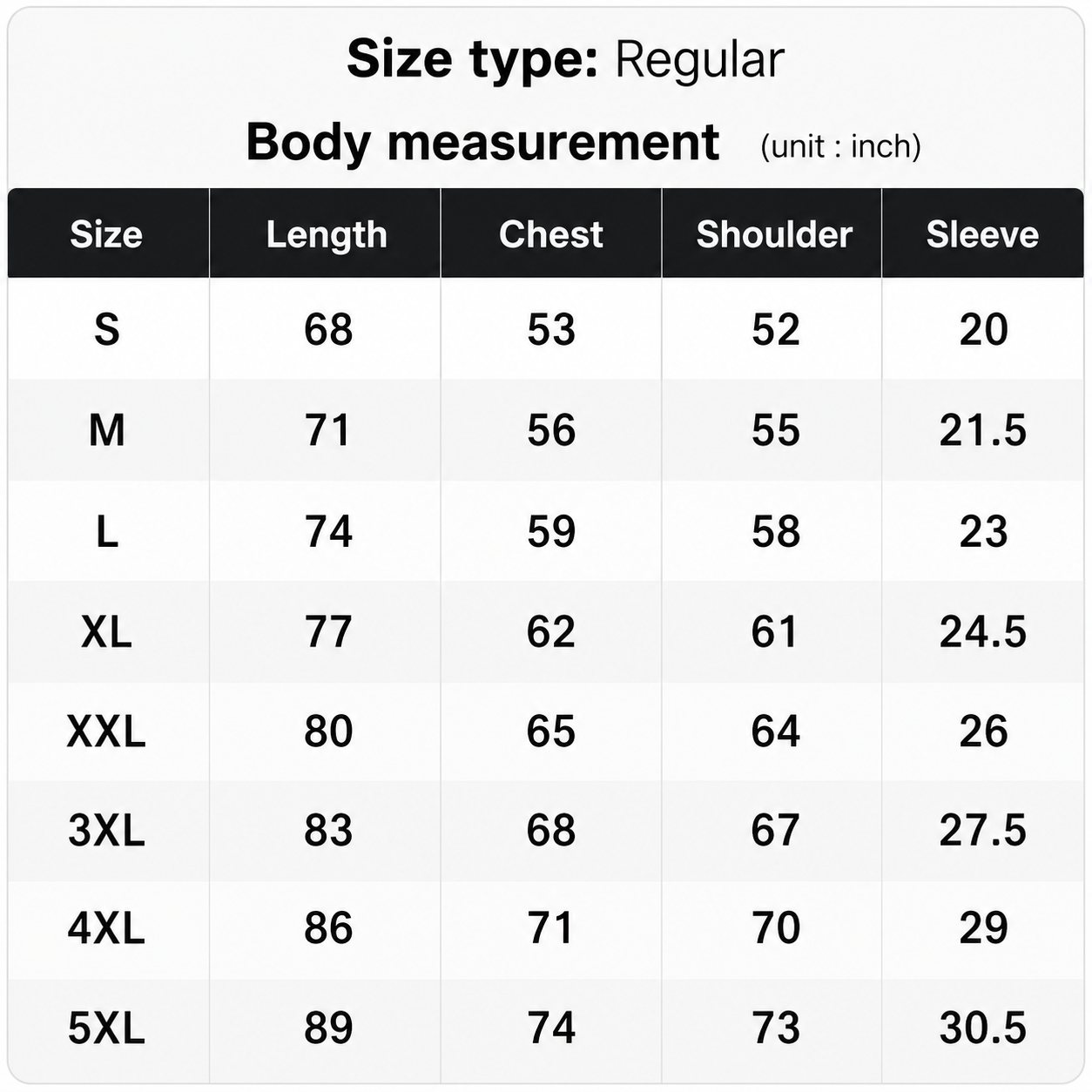 Oversized cotton T-shirt size chart and measurements