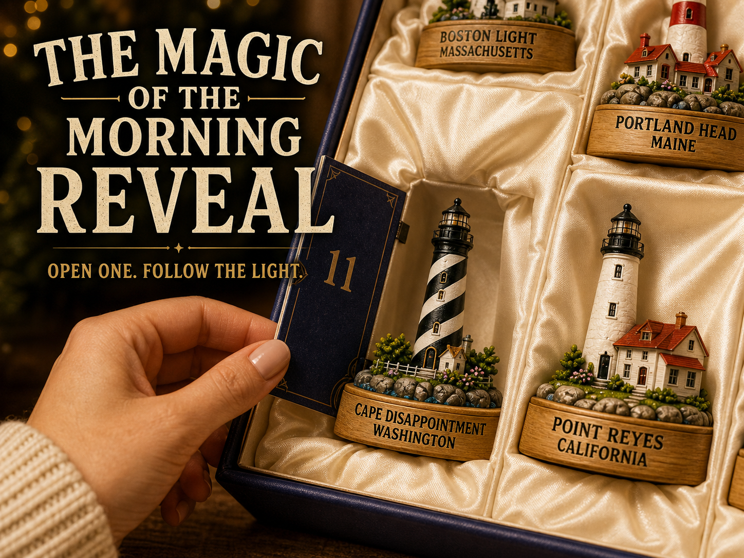 Family opening a lighthouse advent calendar on a December morning