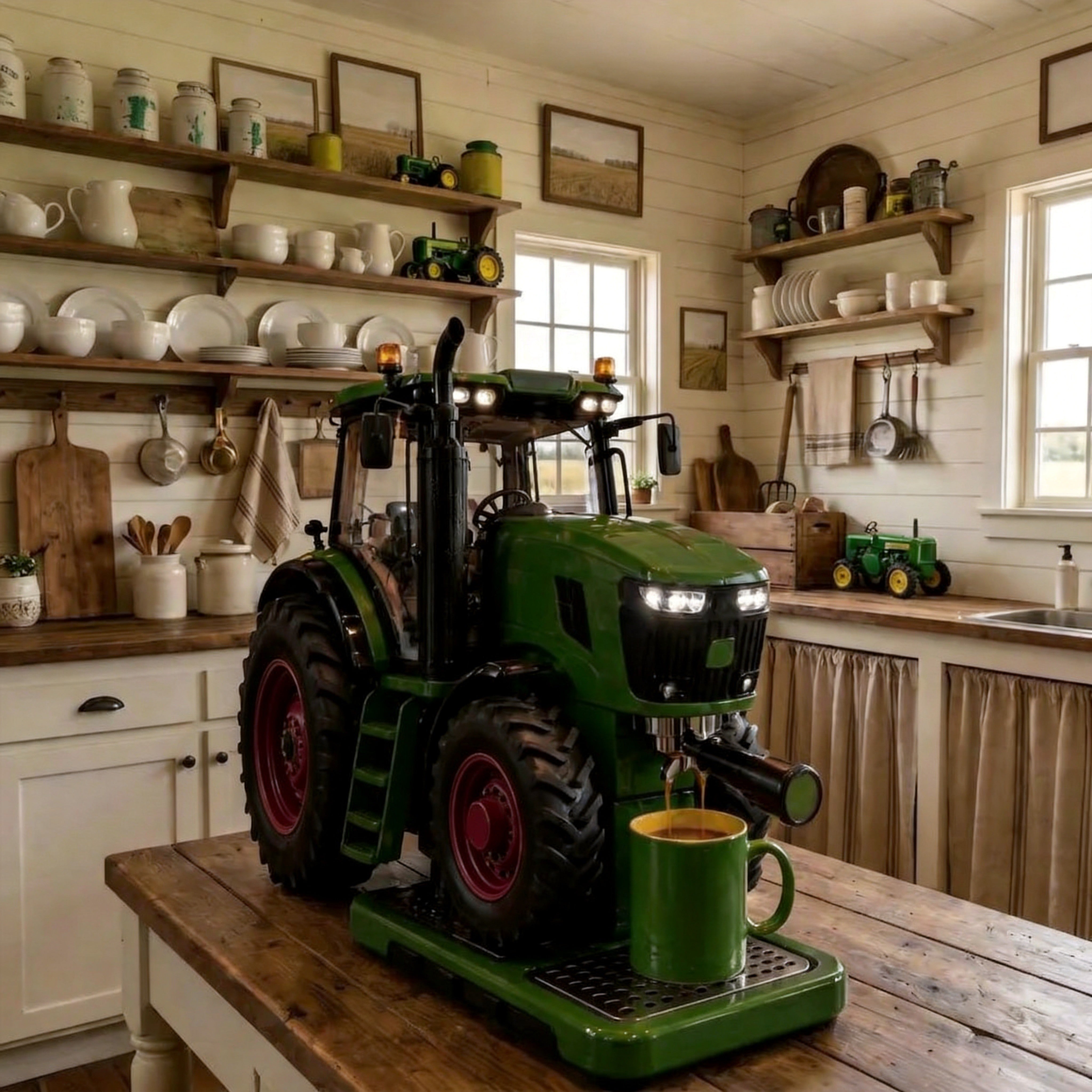 Handcrafted tractor coffee machine on kitchen countertop