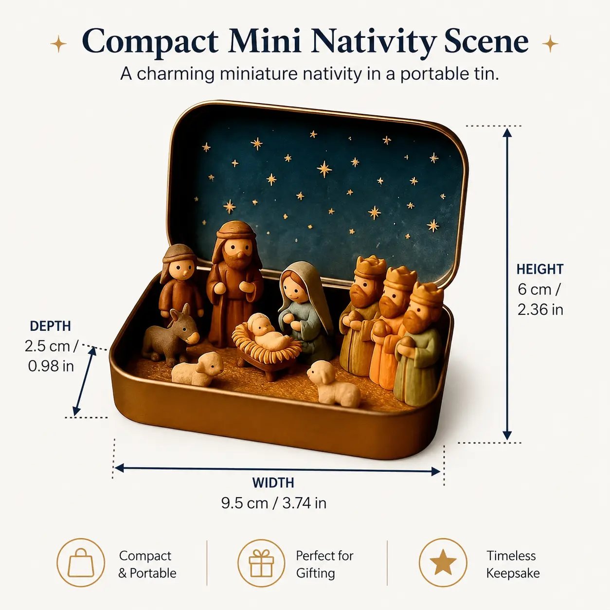 Hand holding miniature Nativity keepsake tin