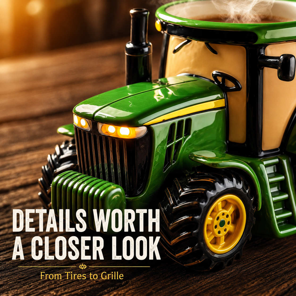 Combine harvester style ceramic mug detailed view