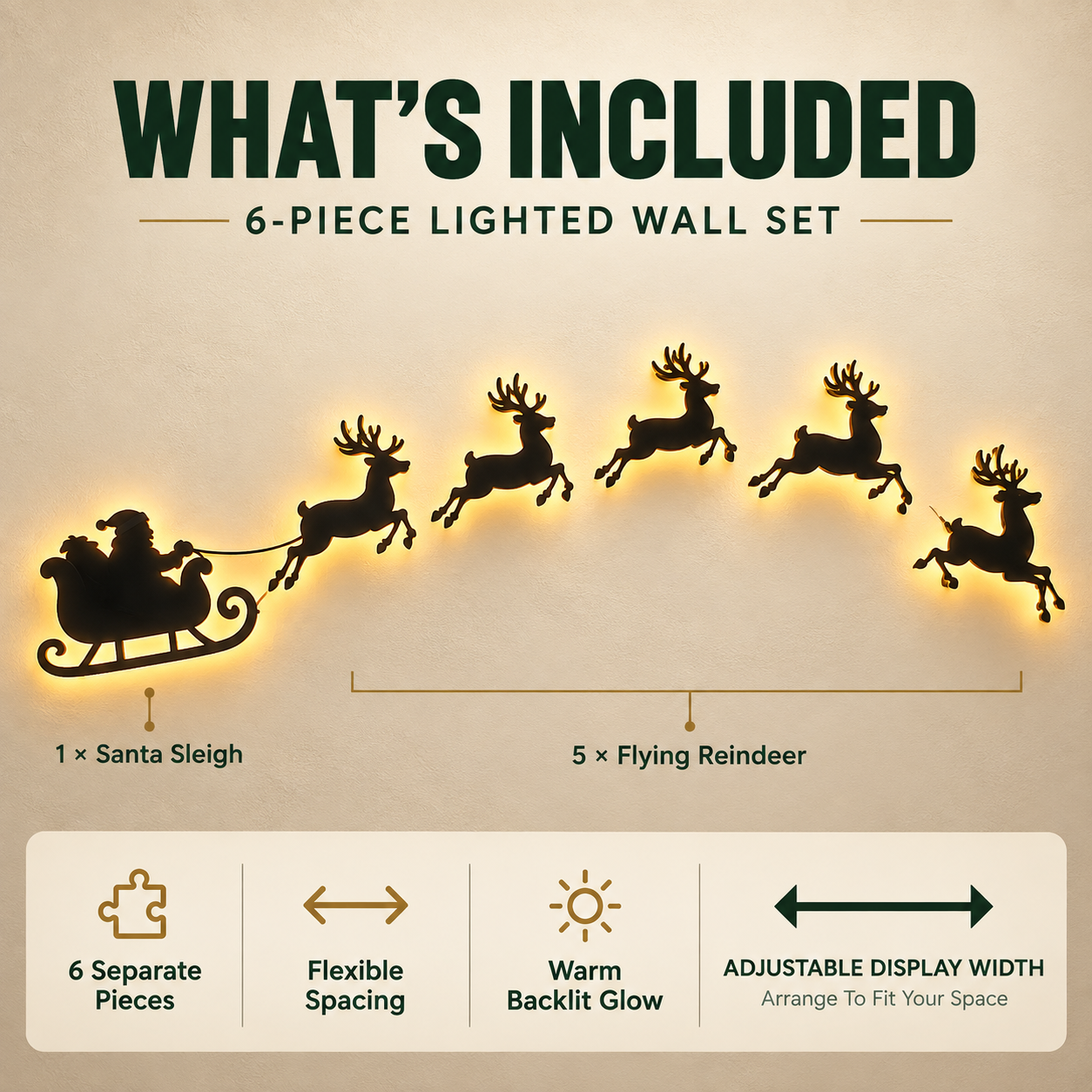 Package contents and adjustable layout of 6-piece Santa and reindeer Christmas wall decoration
