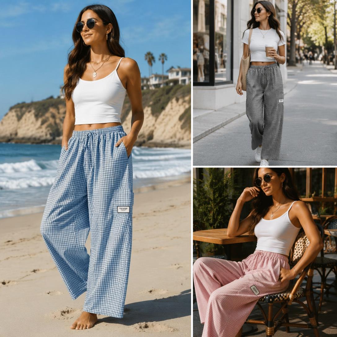Wide-leg plaid pants styled for a casual outing overview
