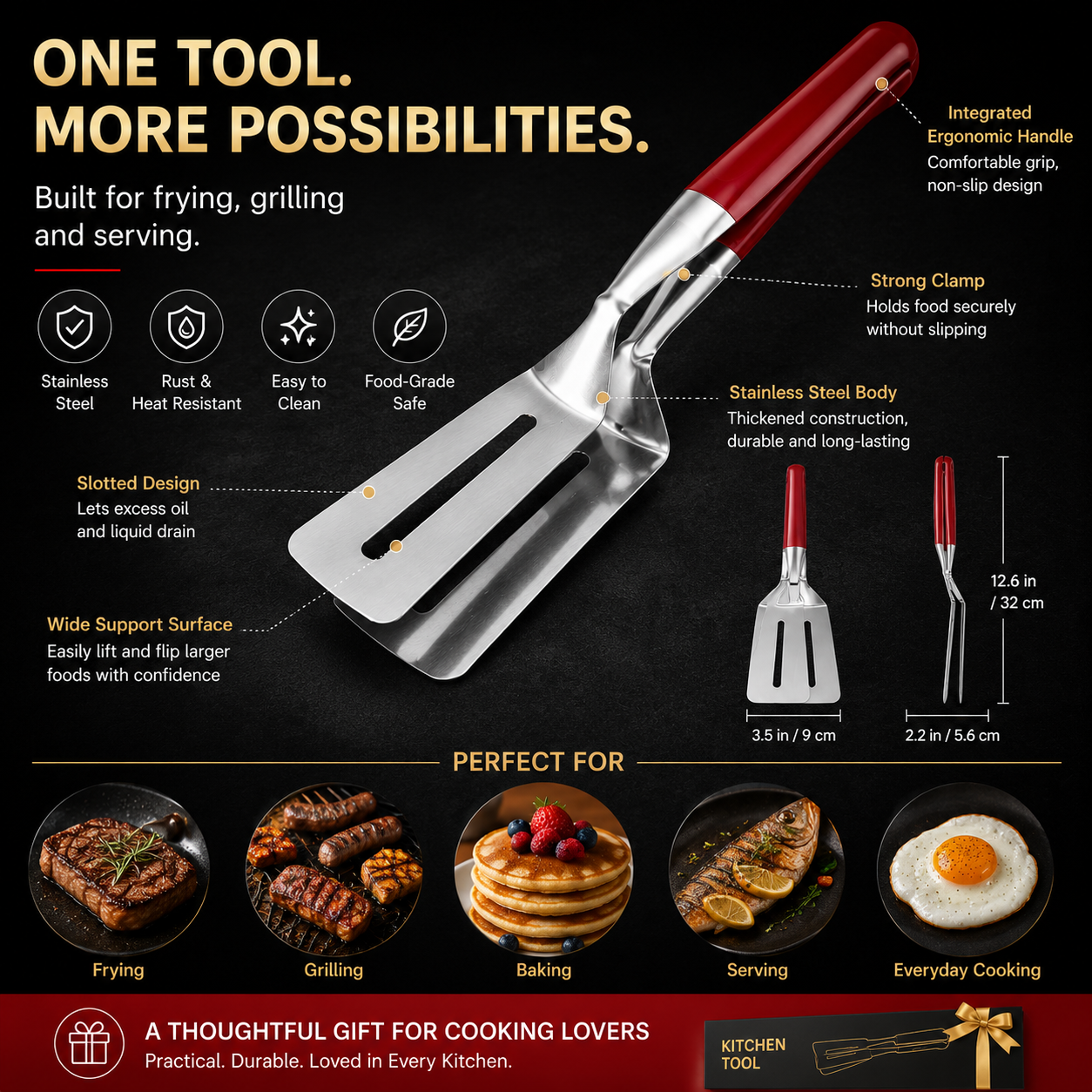 Dimensions and structure of the stainless-steel spatula tongs