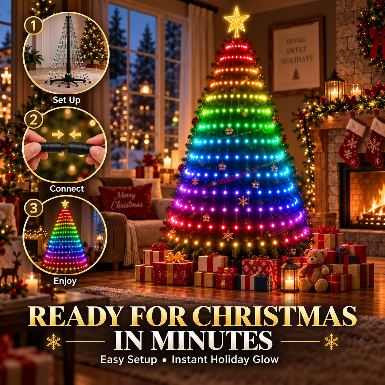 Smart RGB Christmas tree lighted in cozy living room