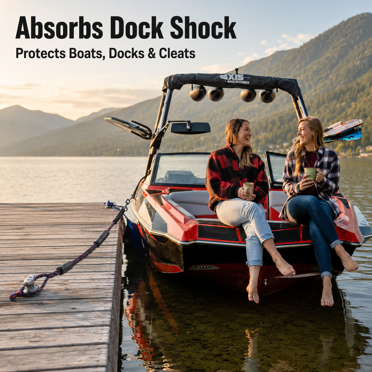 Boat secured with a shock-absorbing bungee dock line