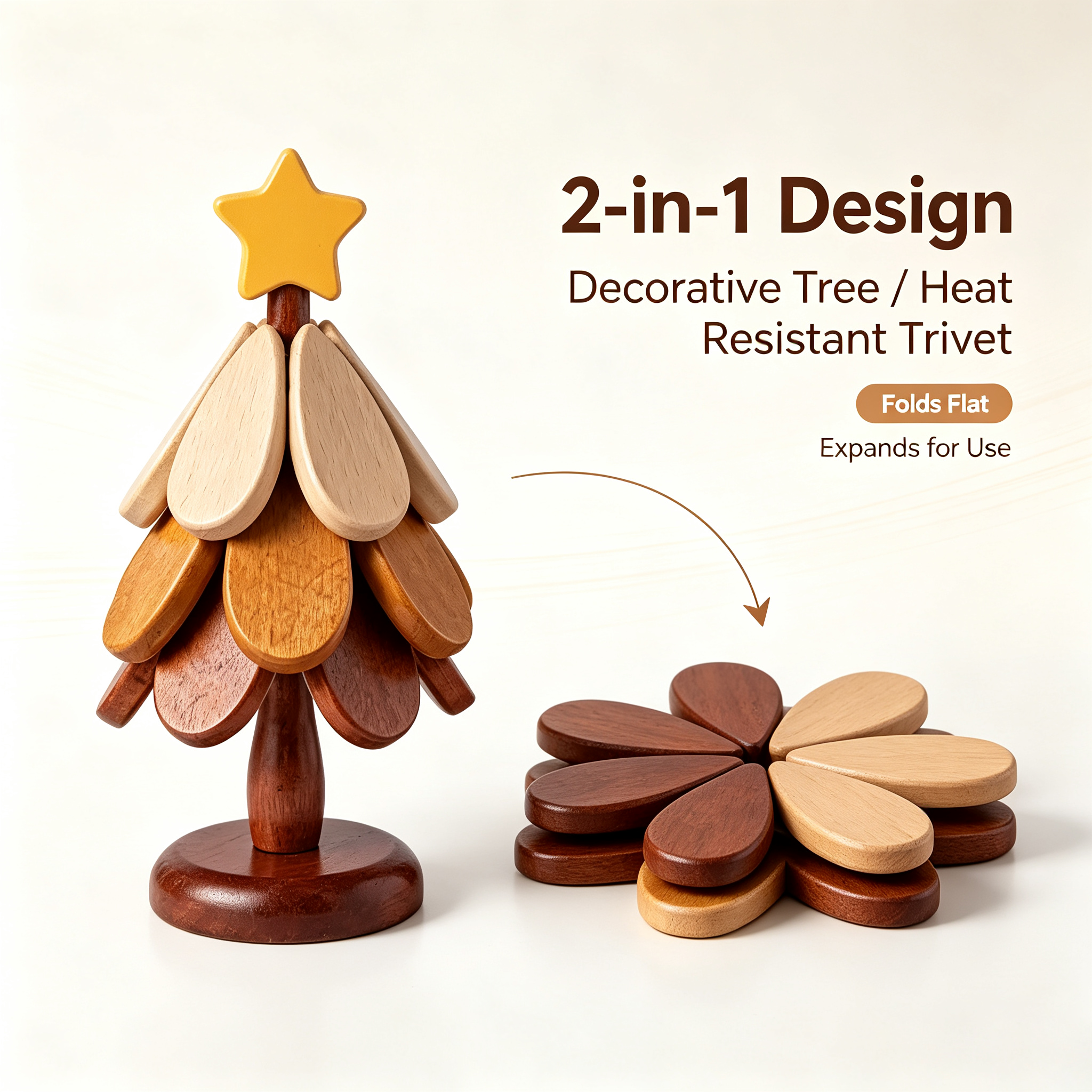2-in-1 wooden Christmas tree trivet folds flat and expands for use