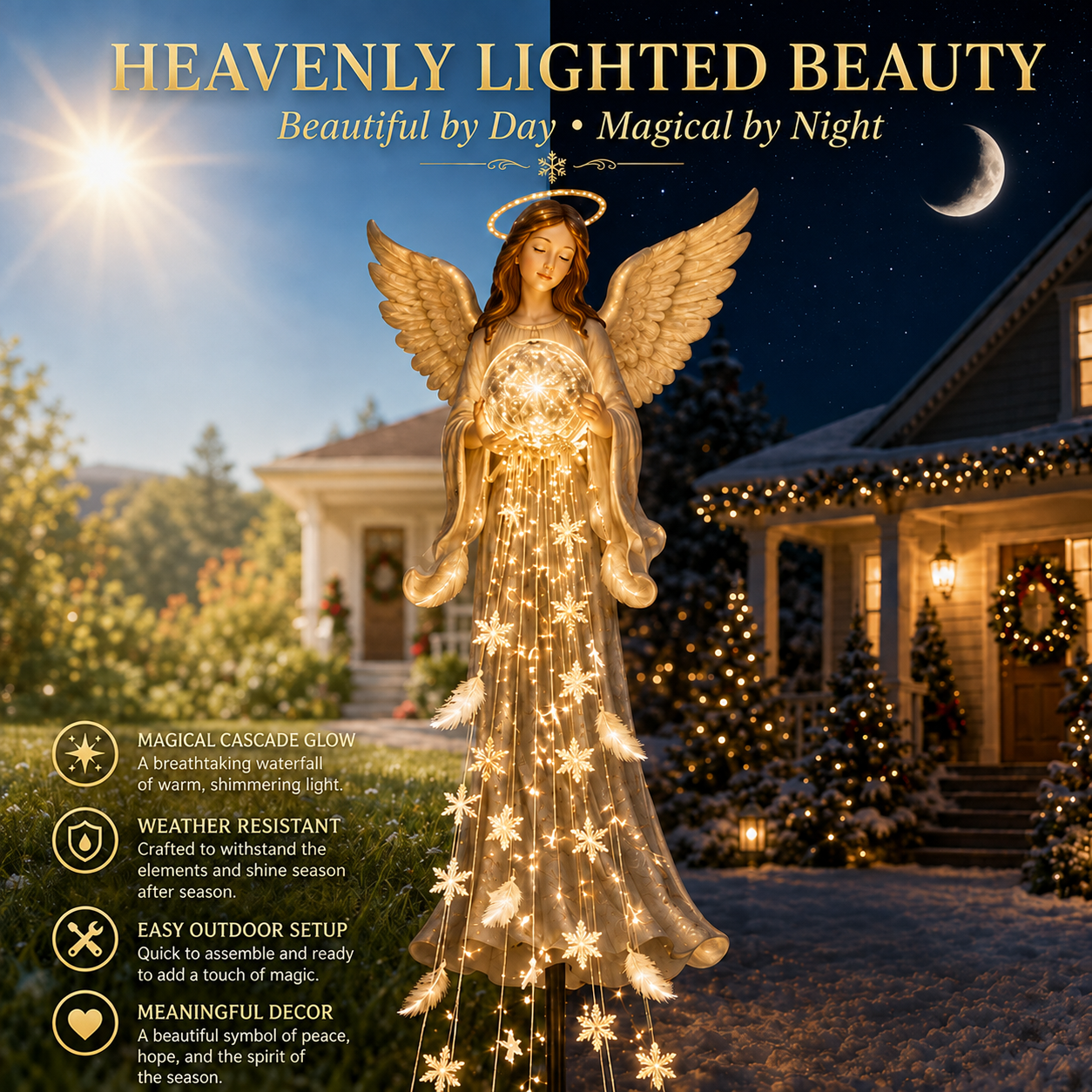 Angel Blessing Fountain cascading light snowflake and feather details