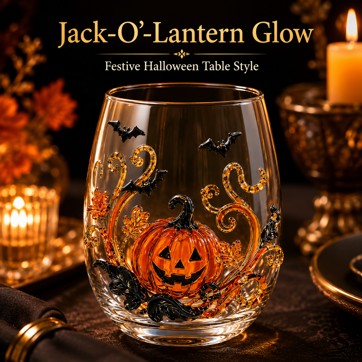 Midnight black cat stemless wine glass design close up