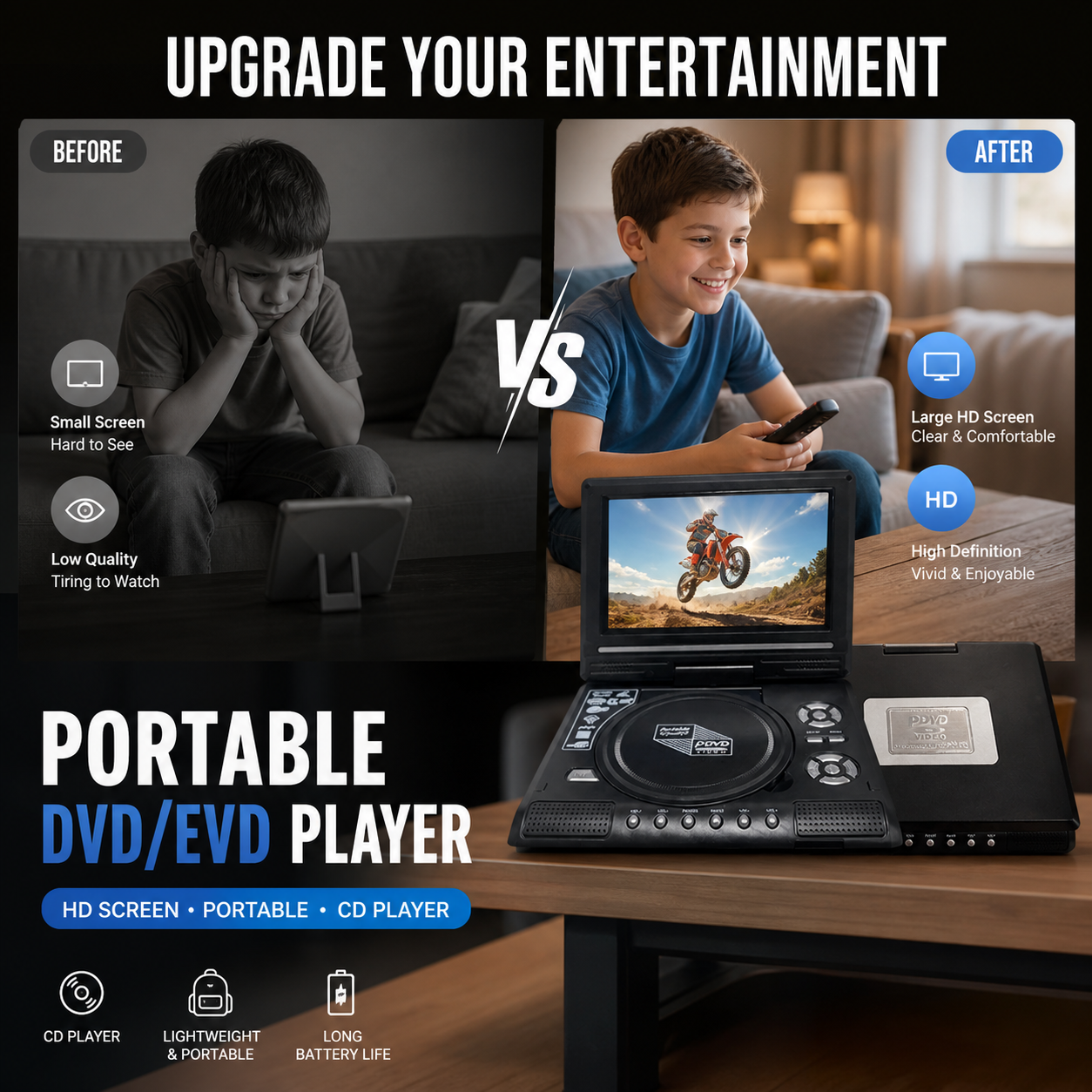 Portable DVD EVD player compatible with DVD EVD CD USB and SD card
