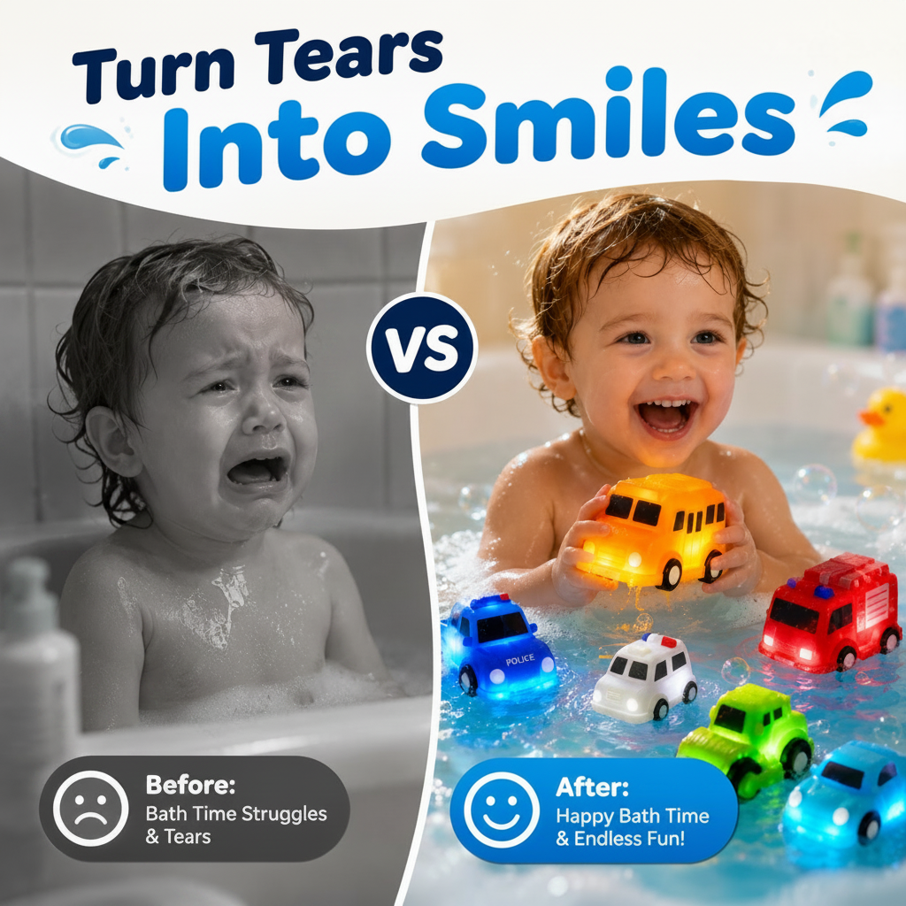 Kids bath time made more fun with glowing vehicle toys