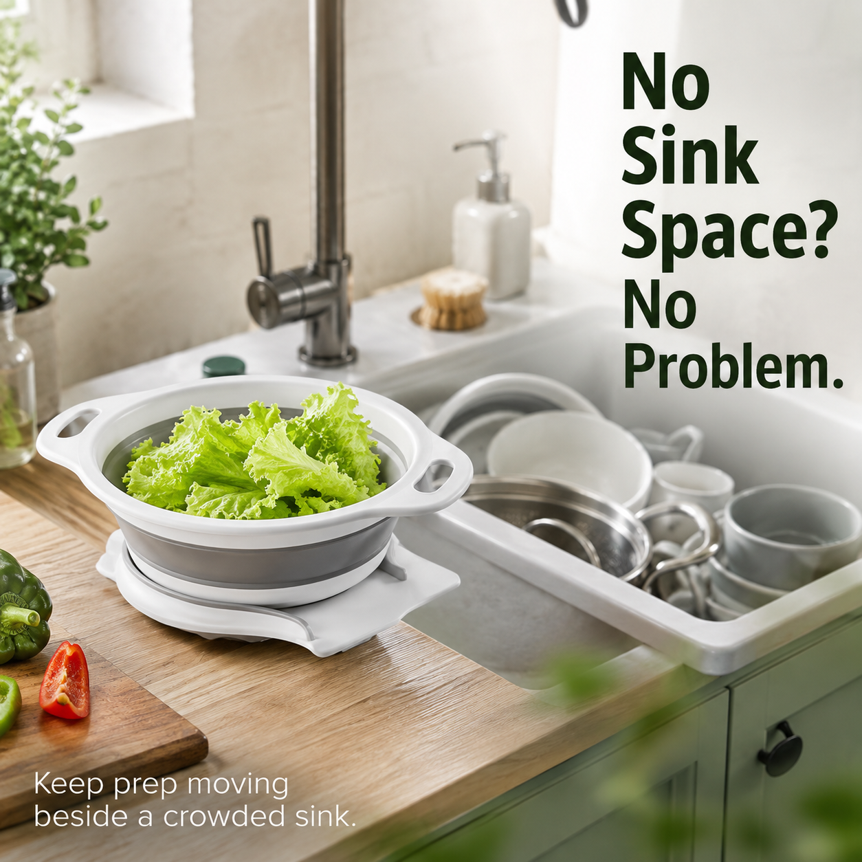 Washing fresh vegetables and salad greens in collapsible silicone strainer
