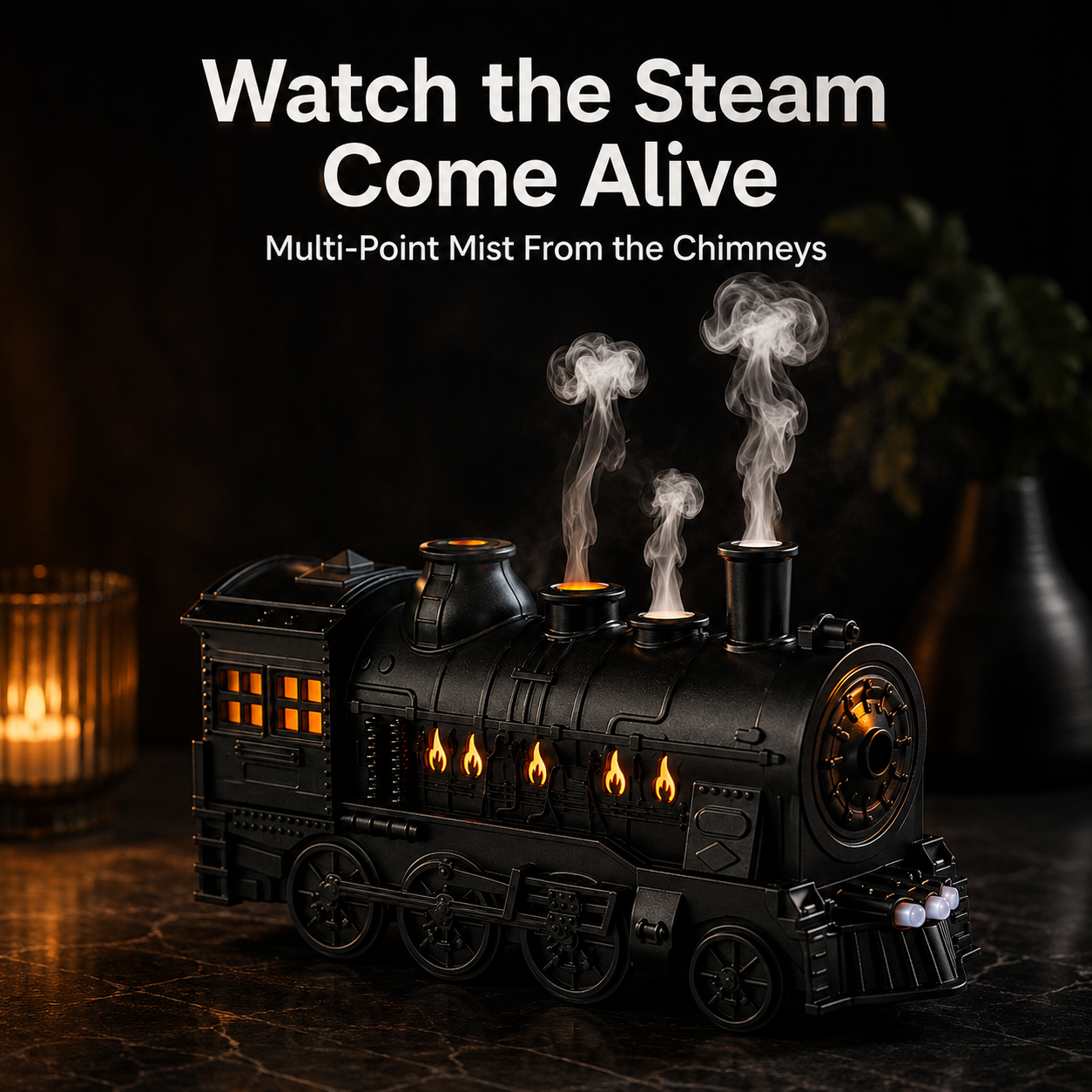 Dark locomotive body with warm orange glowing window lights