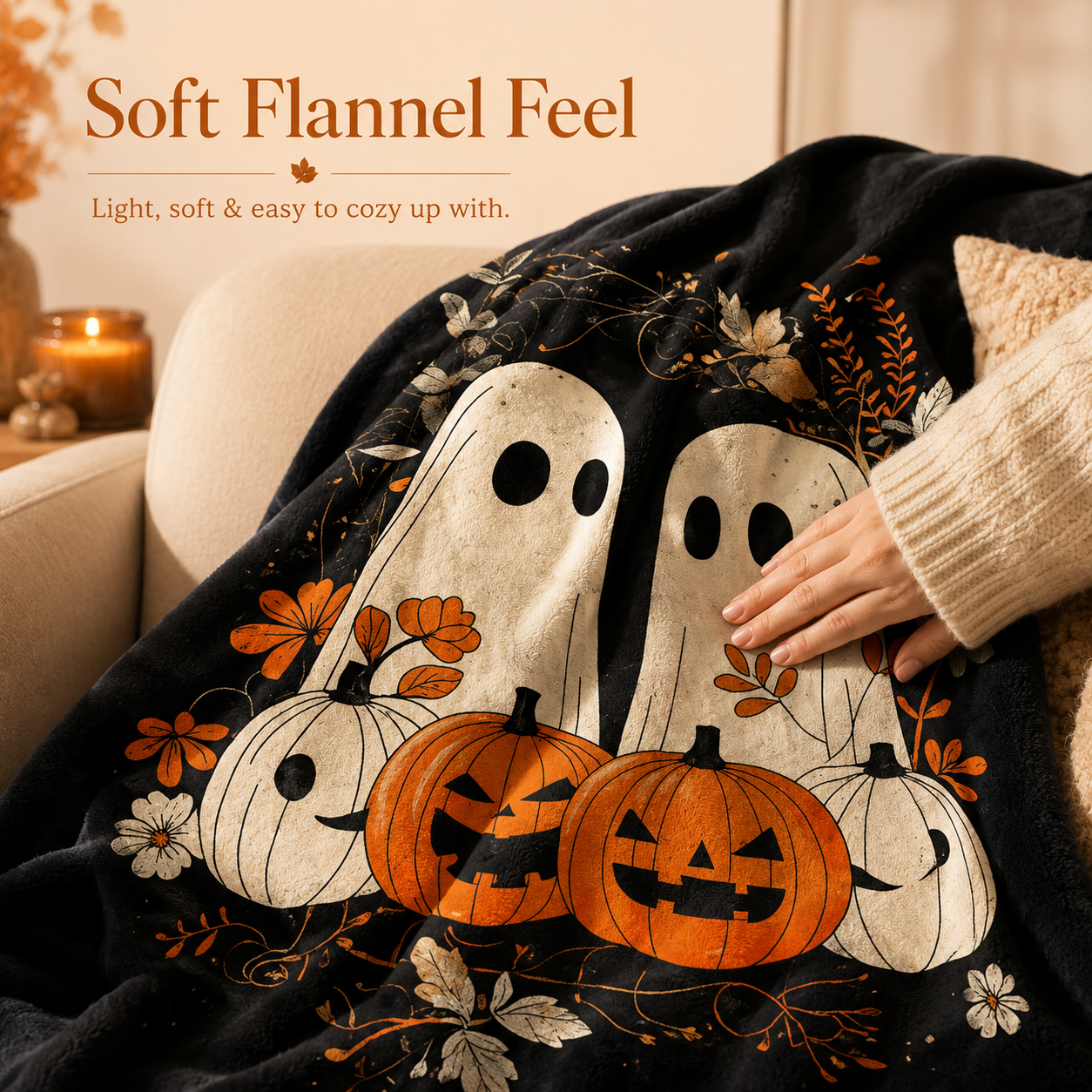 Snuggling under Halloween flannel blanket during movie night