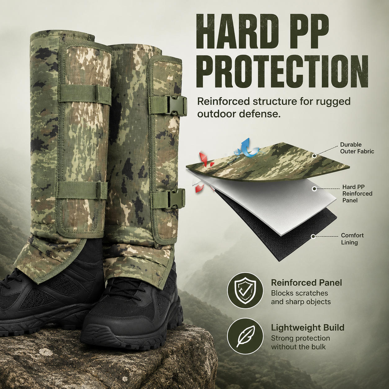 Step by step demonstration of wearing leg gaiters over pants