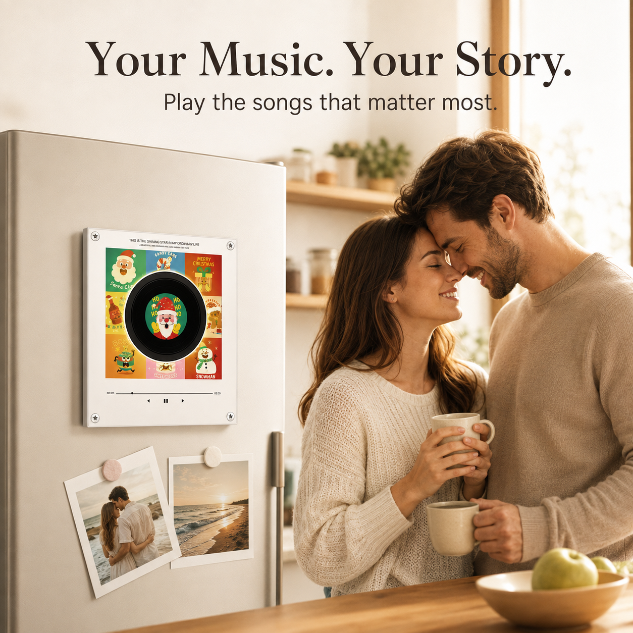 Magnetic NFC acrylic music player on fridge with mini vinyl discs