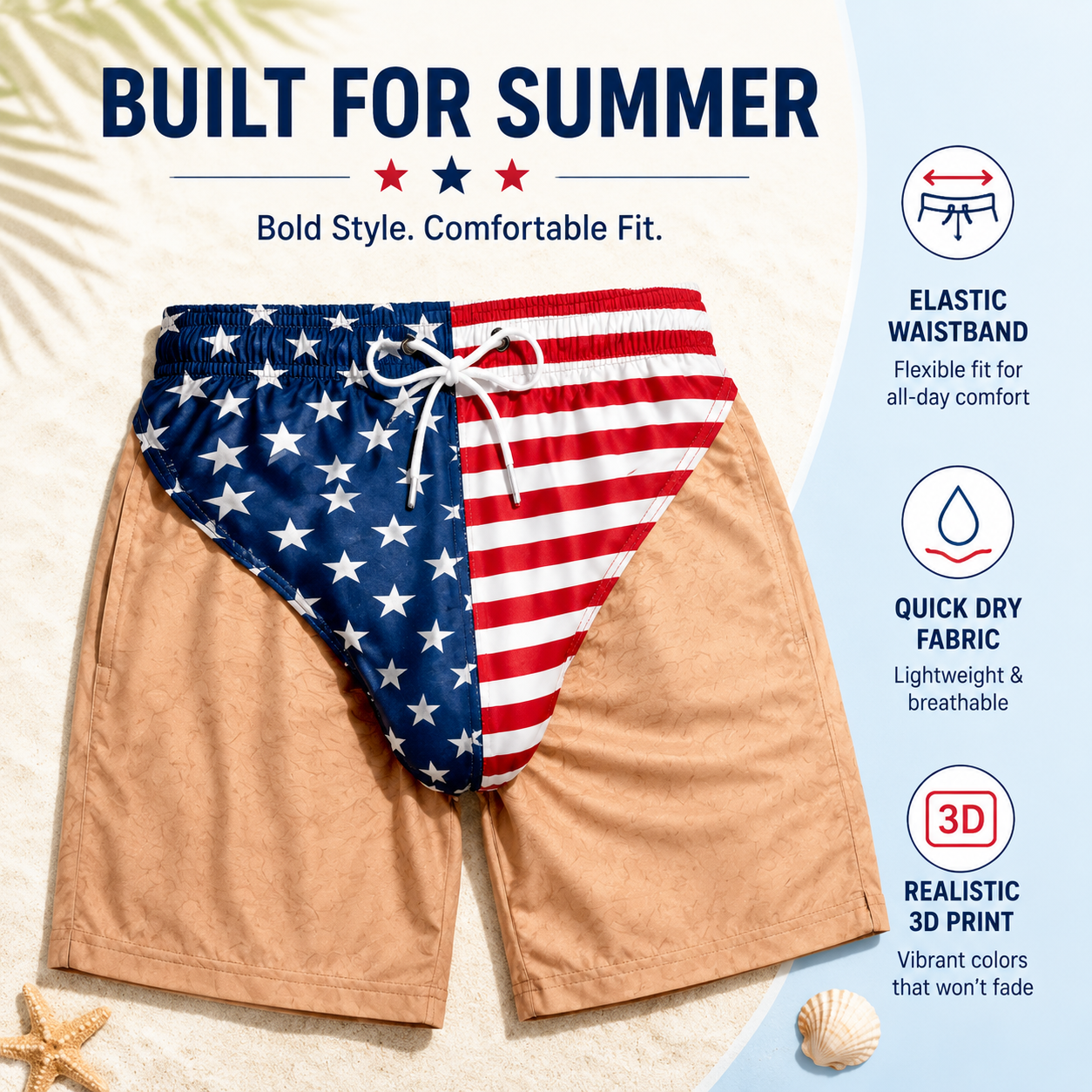Men's swim shorts styled for tropical resort beach vacation