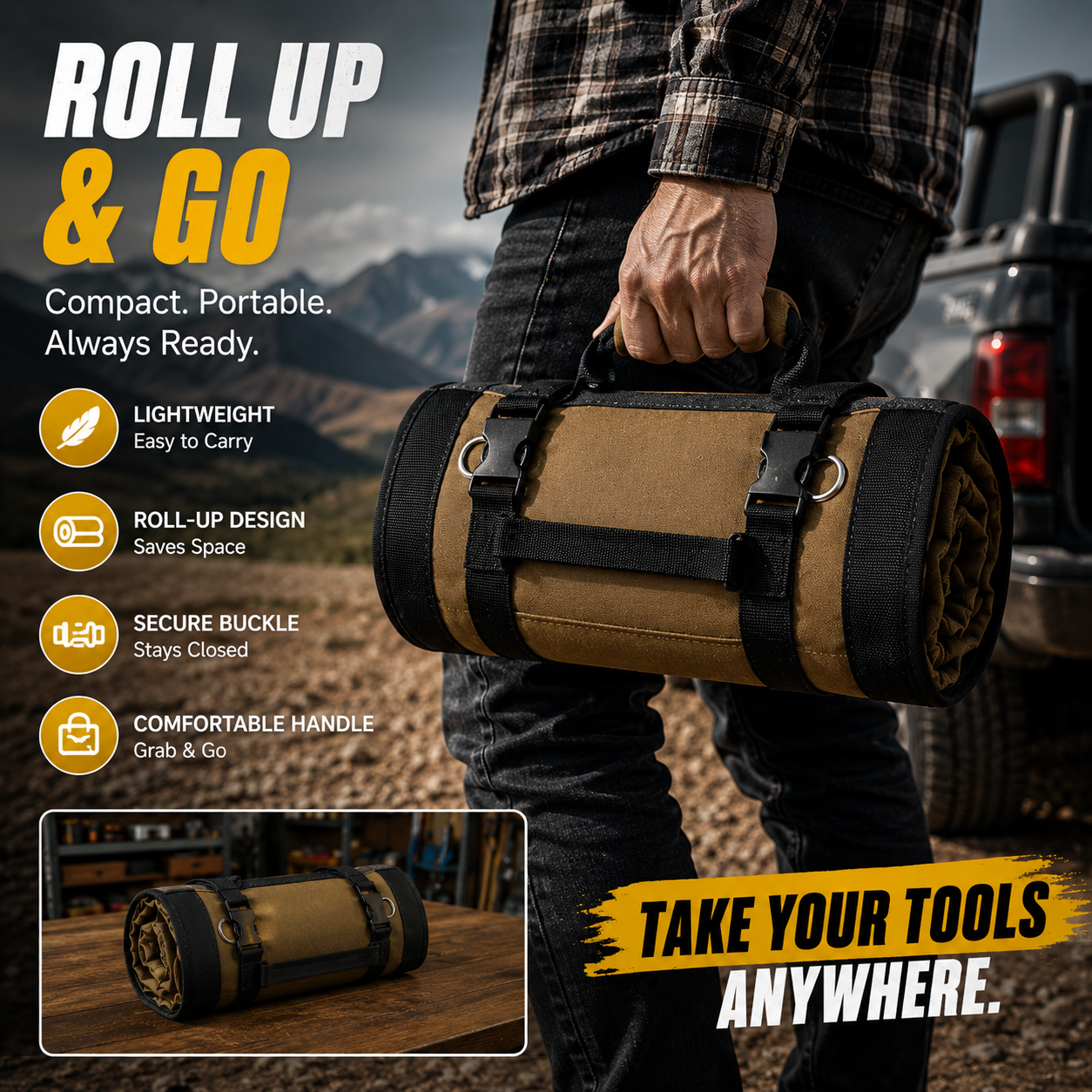 Portable tool roll bag for garage and travel