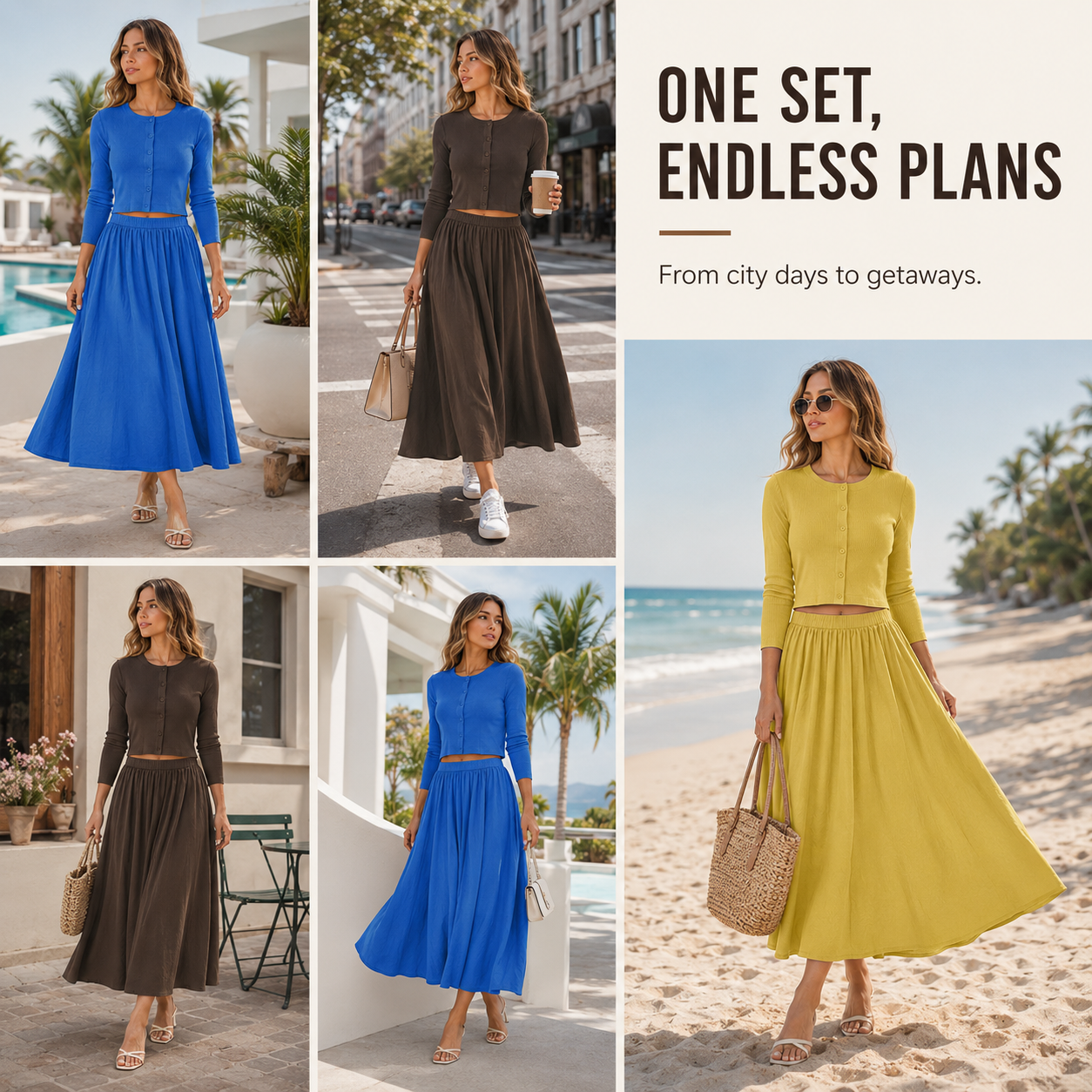 Women's ribbed cardigan and flowing skirt set full view