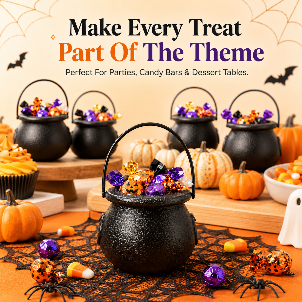 Multiple mini cauldrons laid out with Halloween decorations setup