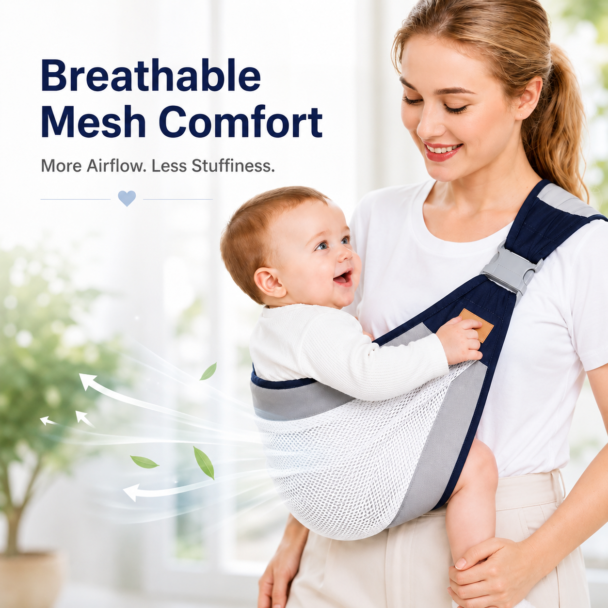 Happy mother walking outdoors with baby in carrier