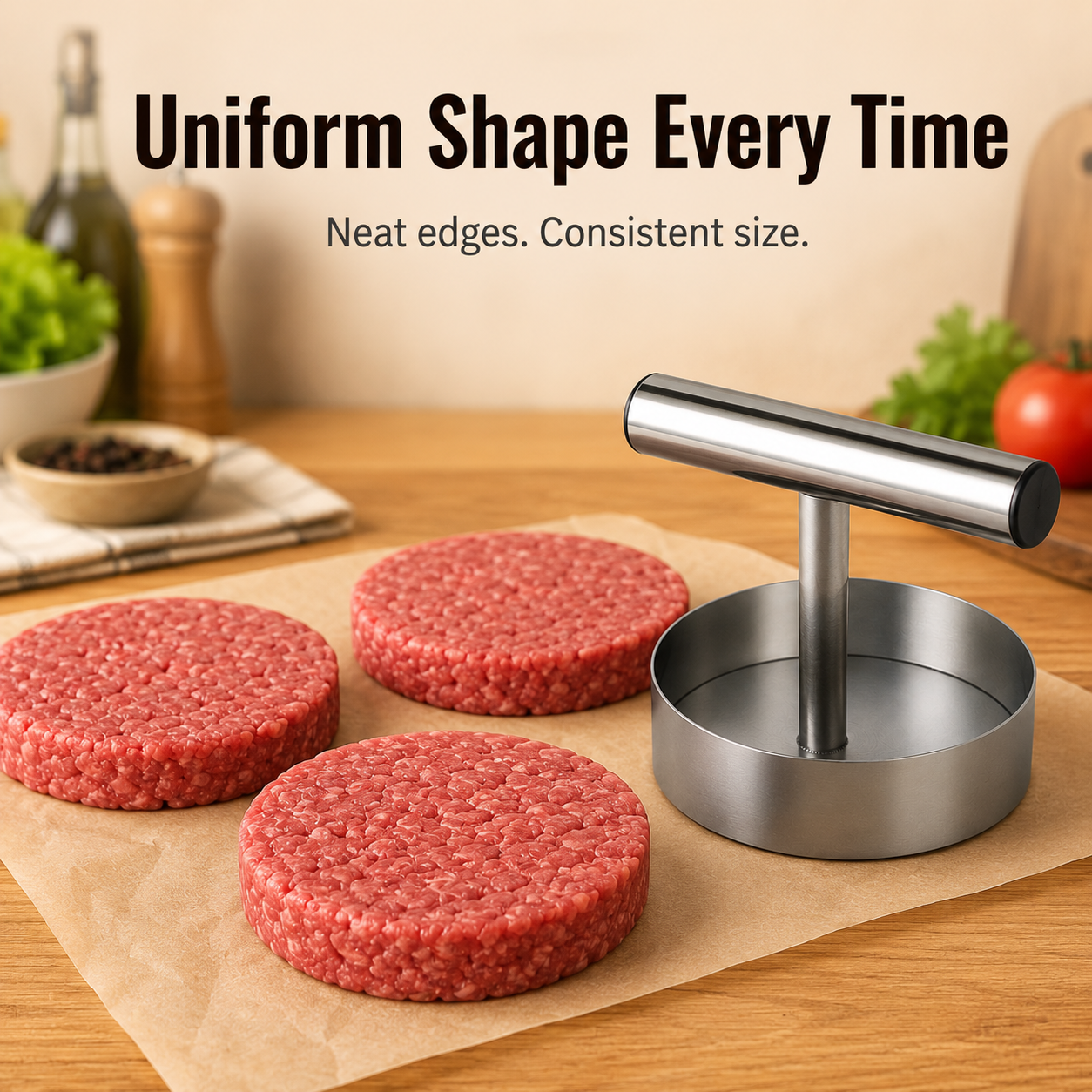 Lifting the outer ring to reveal a compact round hamburger patty