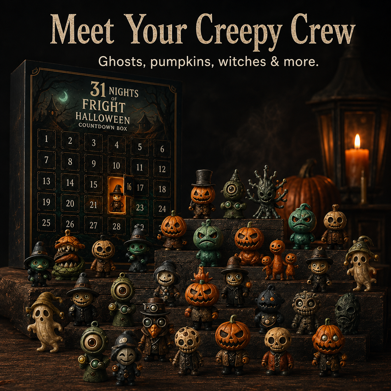 Figures collection on halloween mantel
