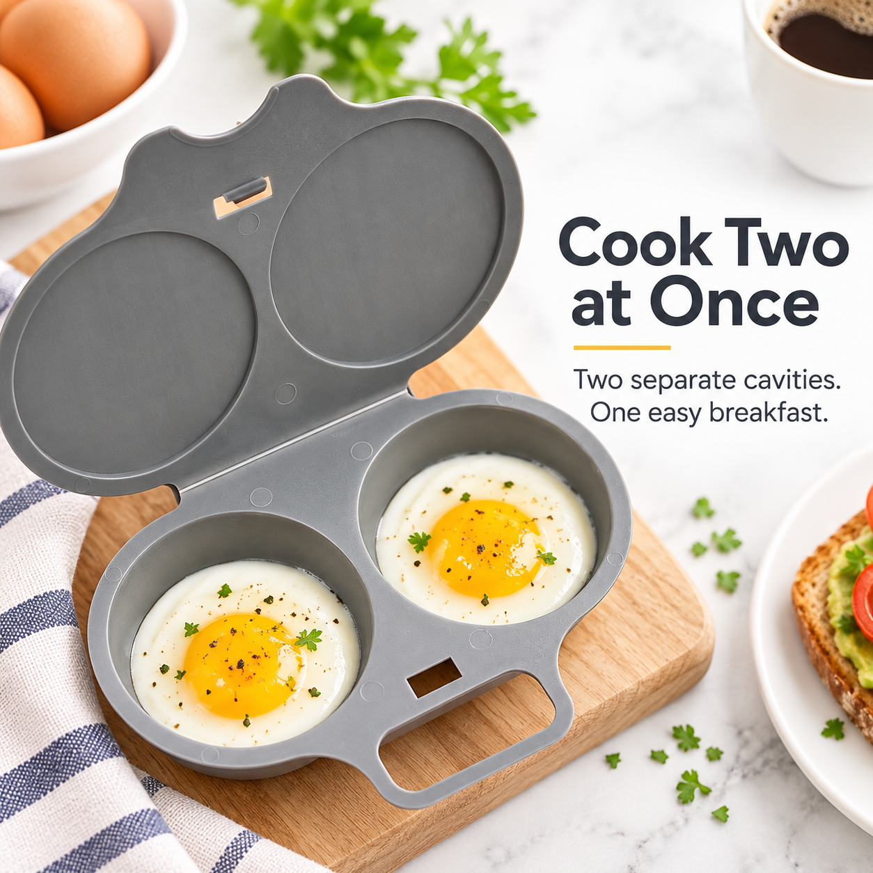 Lid closing securely over dual egg cooking compartments