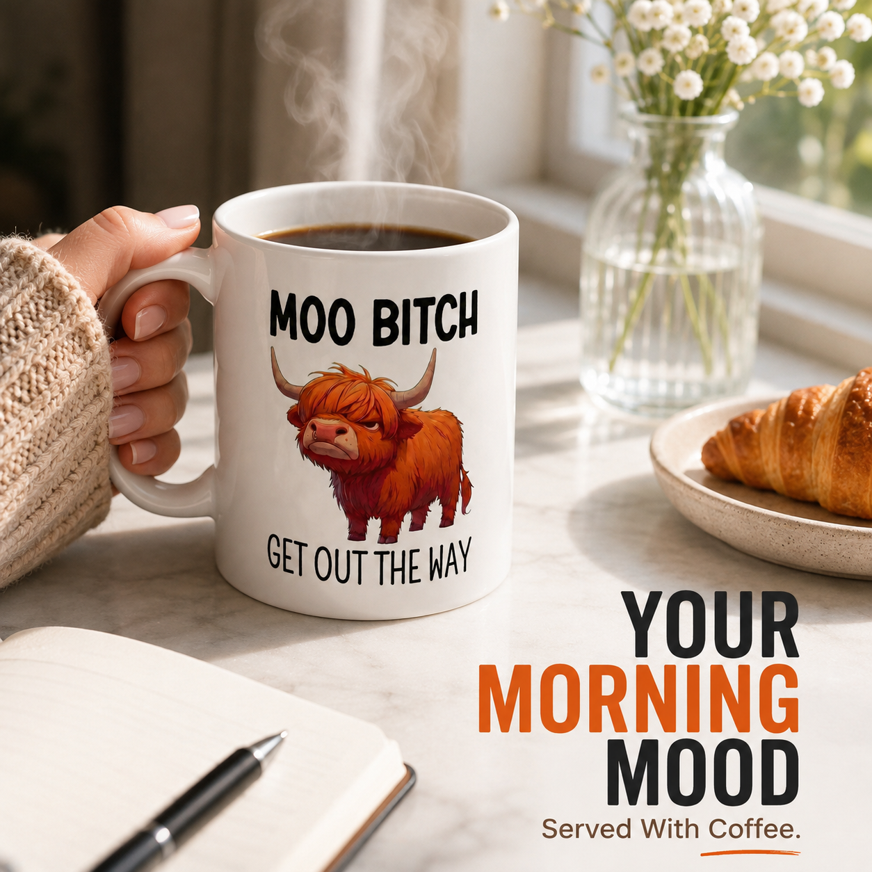 Side profile and print clarity of Moo Bitch coffee mug