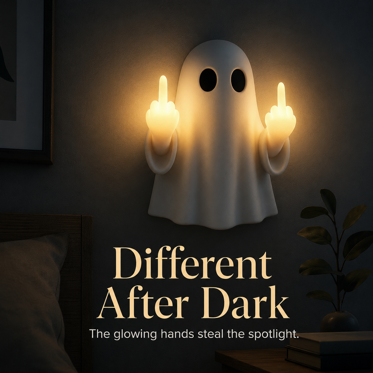 Daytime matte finish sculpted ghost hanging on wall