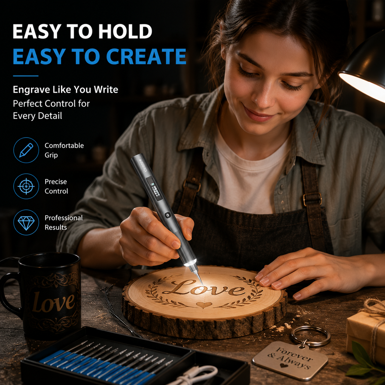 LED ring light illuminating engraving bit contact point on workpiece