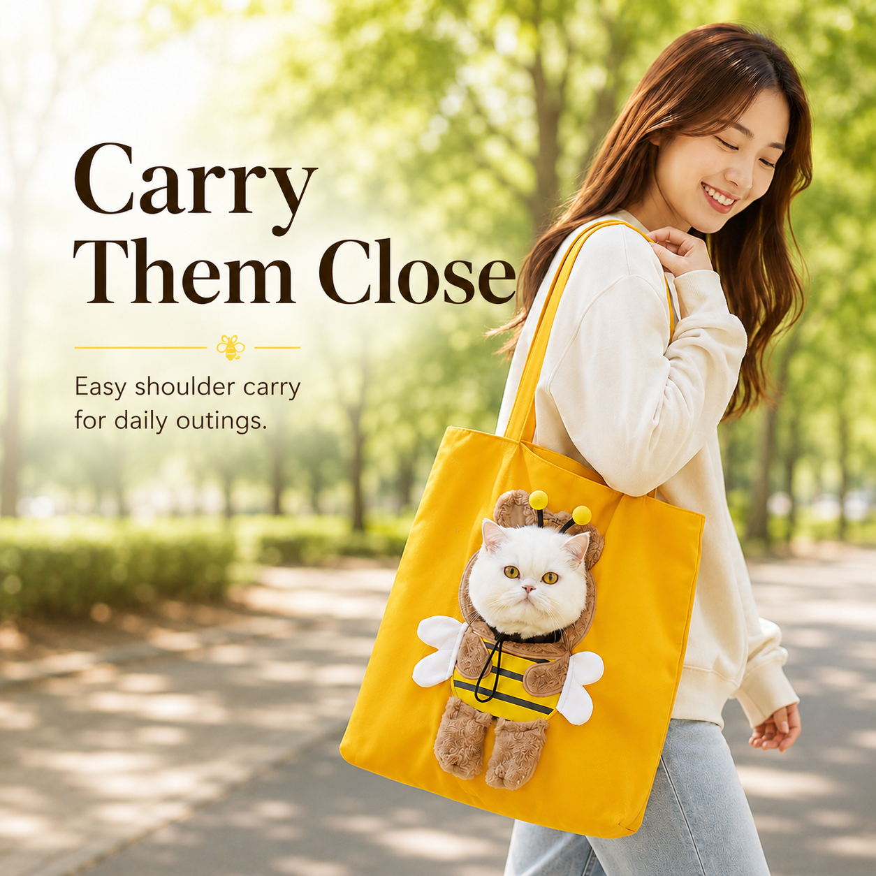Cute cat peaking out of dinosaur tote posing for camera