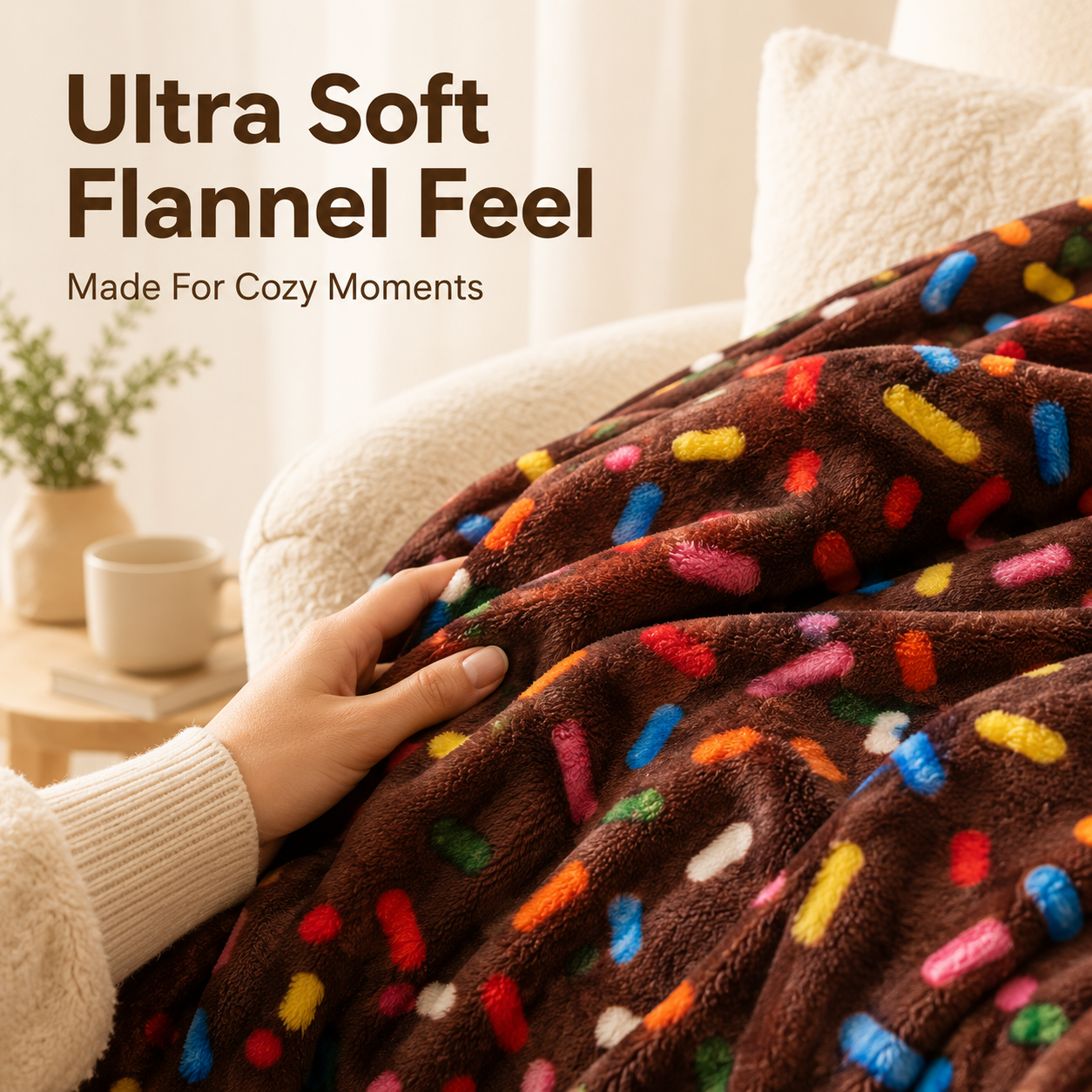 Close-up texture of plush flannel fabric and hem stitching