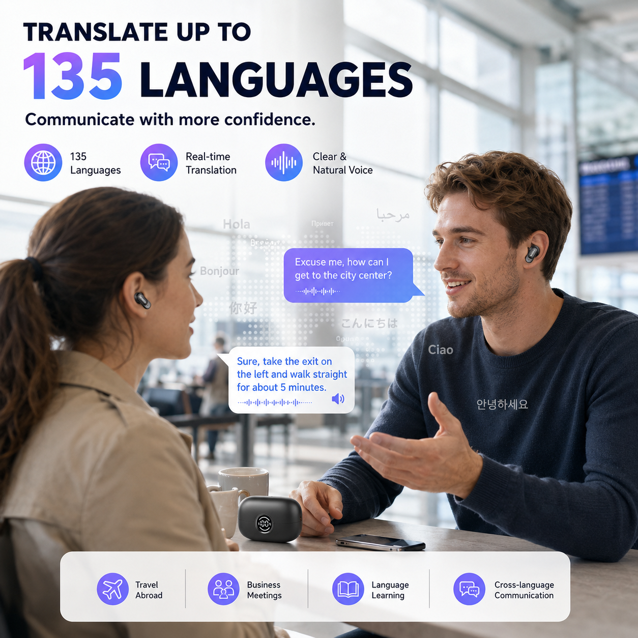 Dual earbud sharing translation mode lifestyle