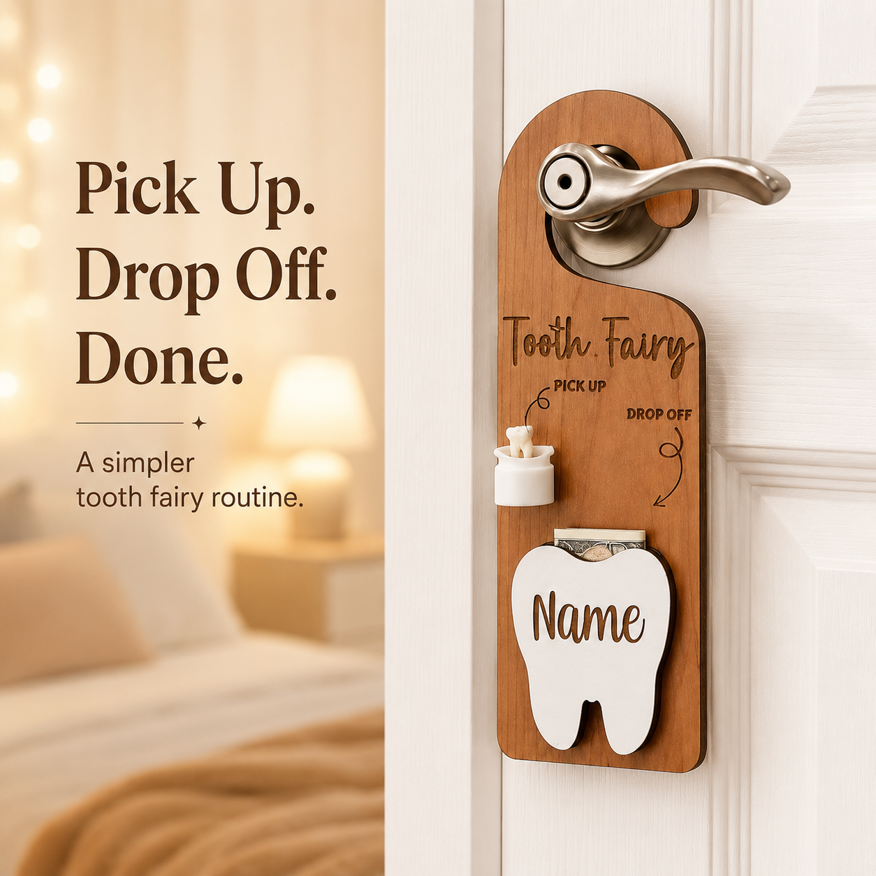 Parent exchanging tooth for fairy money at bedroom door