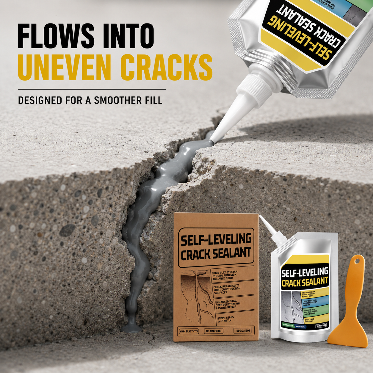 Sealant flowing into narrow concrete crack close up