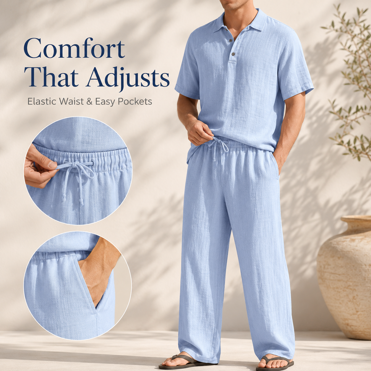 Linen trousers drawstring waistband and pocket detail