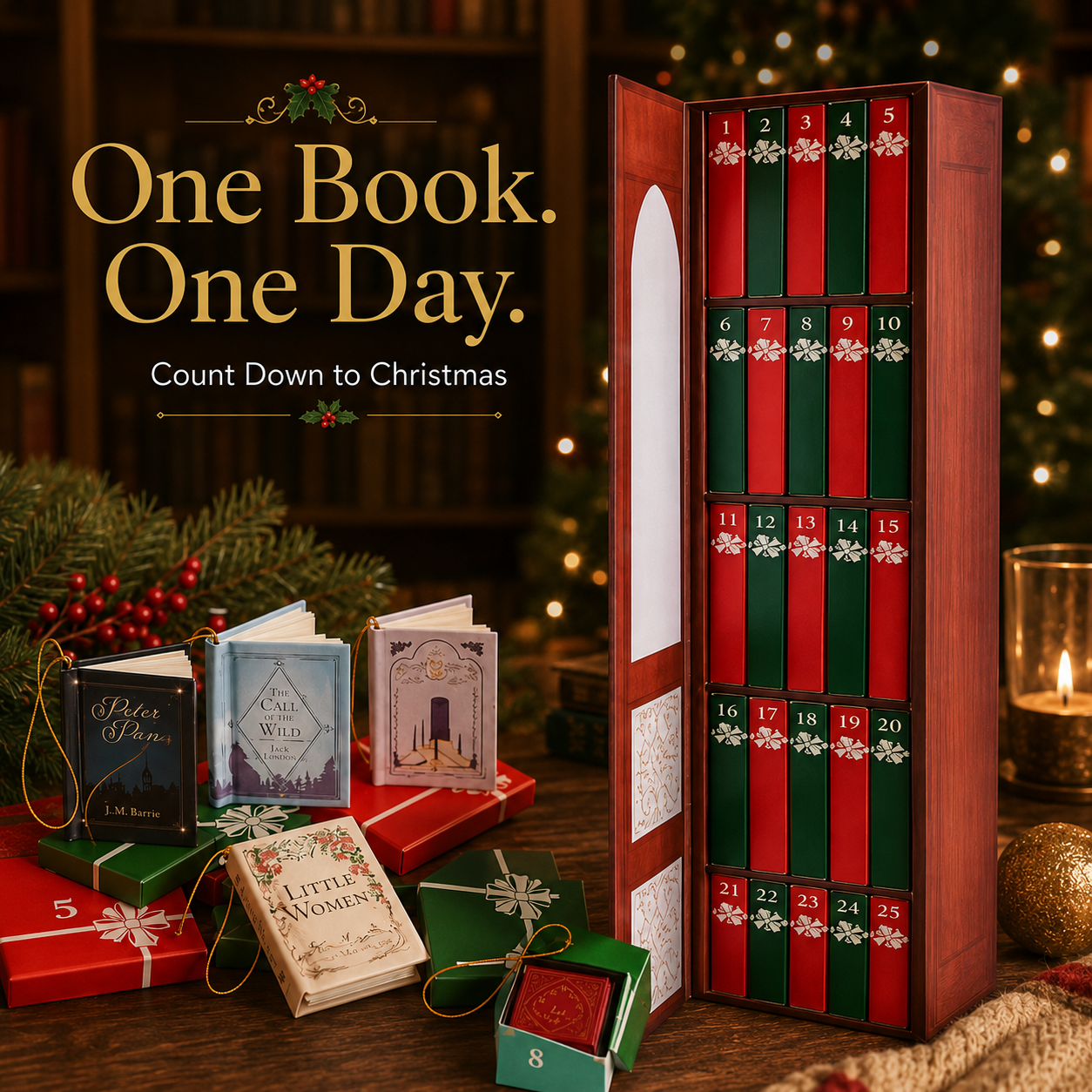 Mini book advent calendar styled on bookshelf alongside Christmas greenery