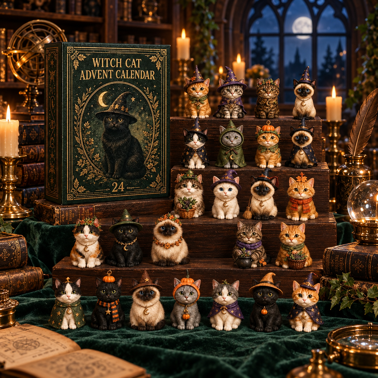 Witch Cat Advent Calendar with cats in hats and capes