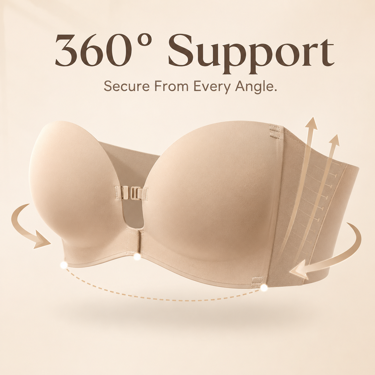 Front view of nude and black strapless push up bras showing front buckle