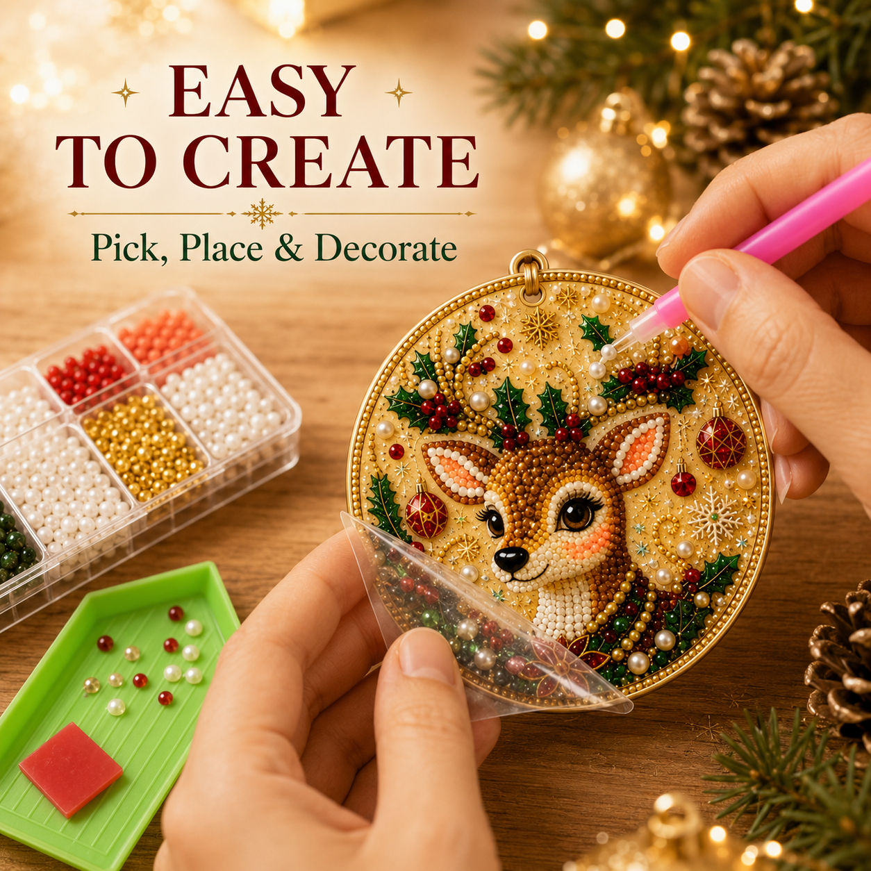 Full DIY diamond painting ornament kit components and accessories layout
