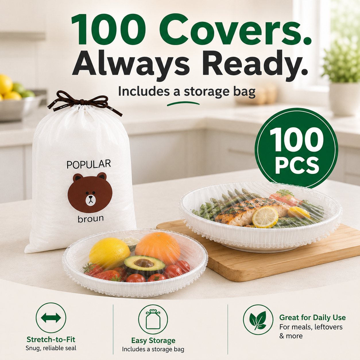 100 piece elastic food storage cover set main profile view
