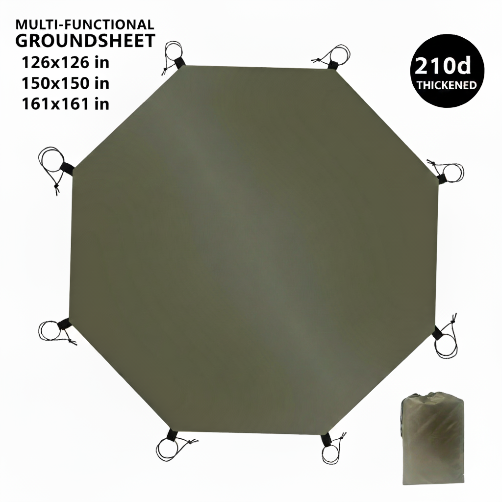 An octagonal groundsheet tarp with multiple size options (126x126 in, 150x150 in, 161x161 in) and a 210D thickened fabric.