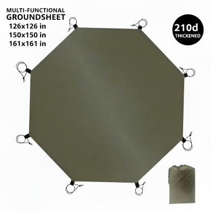 An octagonal groundsheet tarp with multiple size options (126x126 in, 150x150 in, 161x161 in) and a 210D thickened fabric.