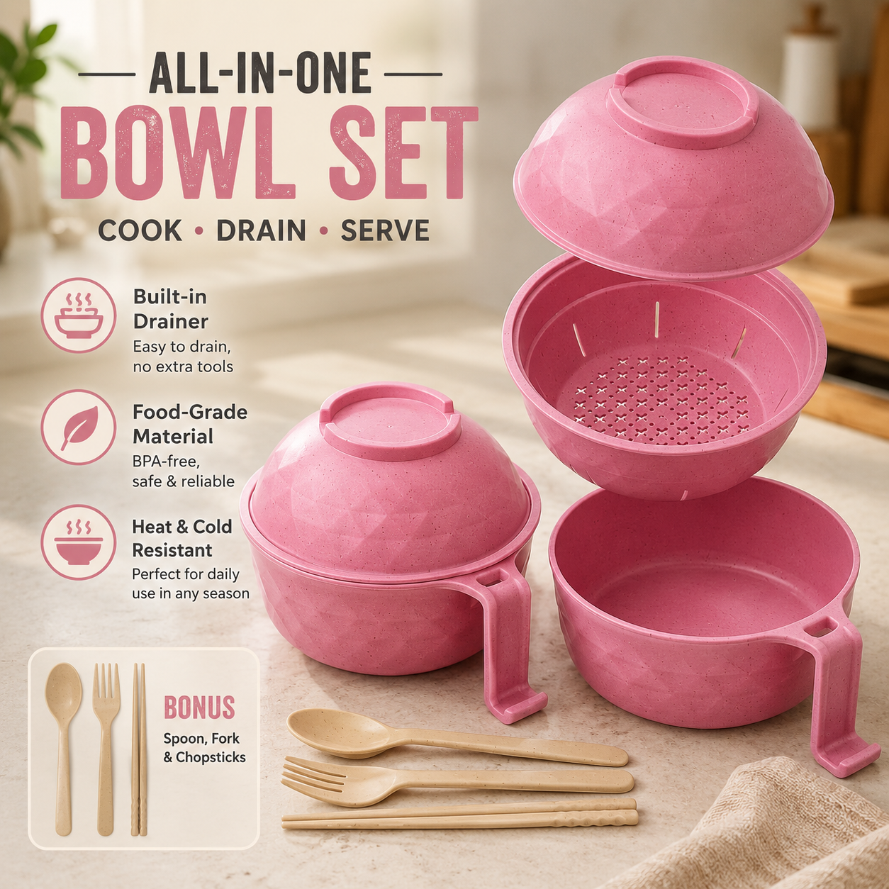 Built-in drainer noodle bowl