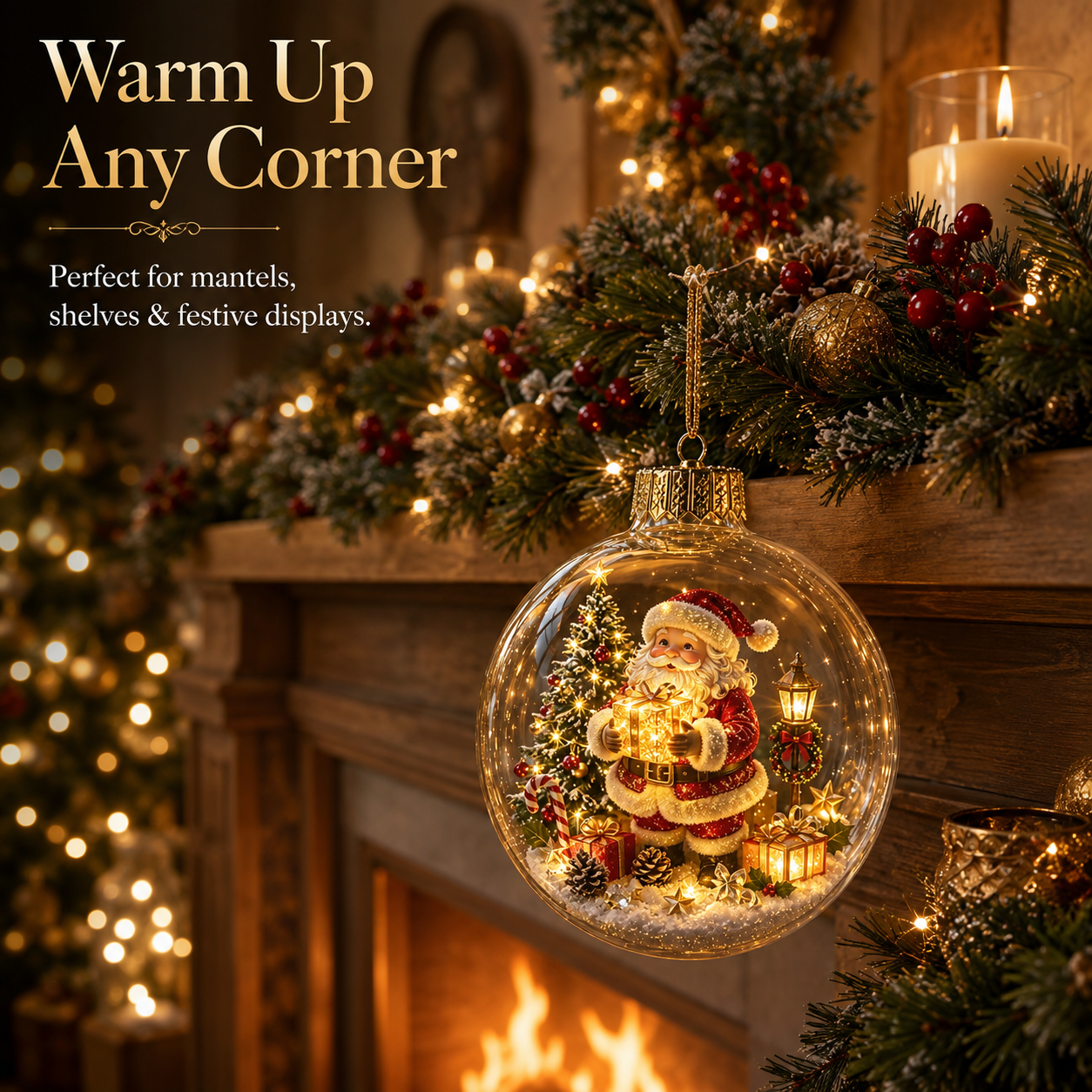 Clear miniature Christmas globe ornaments styled under warm fairy lights