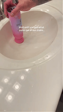 Expanding foam drain cleaner application and overflow demonstration