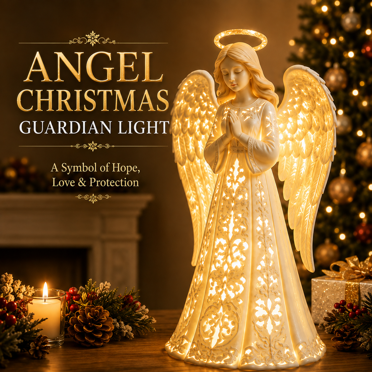 Angel Christmas Guardian Light glowing warmly on table